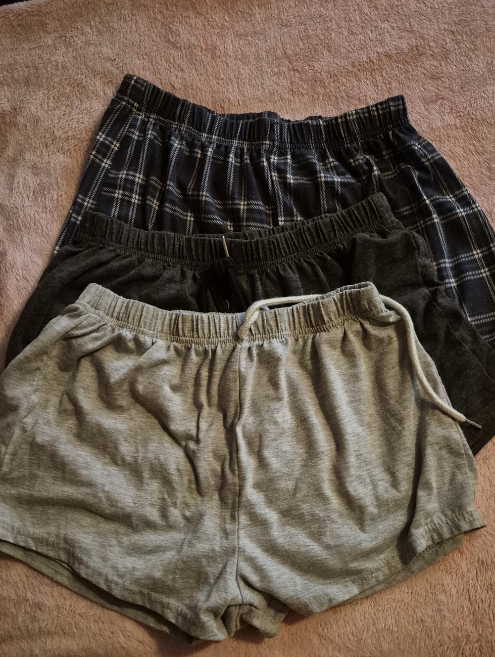 Elastic-Waist Casual Shorts Trio - Gray, Black, Navy Plaid